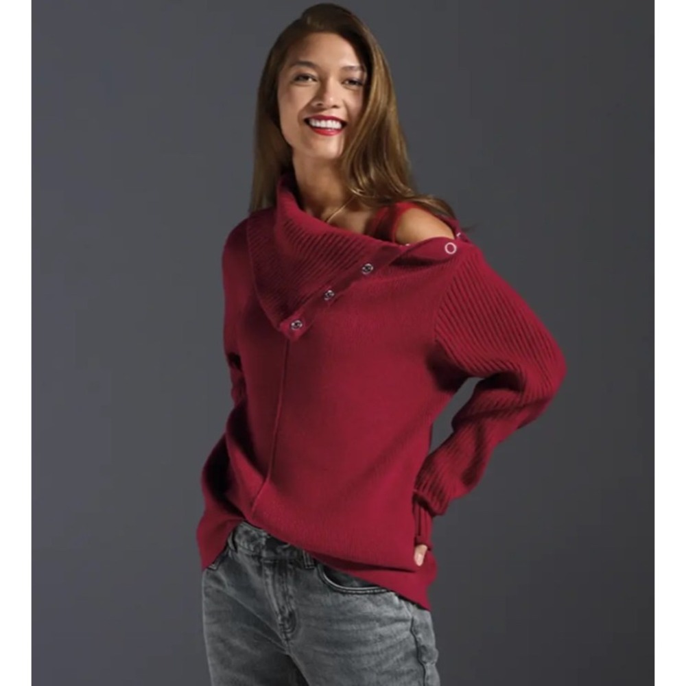 Cabi Button-Up Cowl Pullover Sweater Dark Red Large Asymmetrical Neck